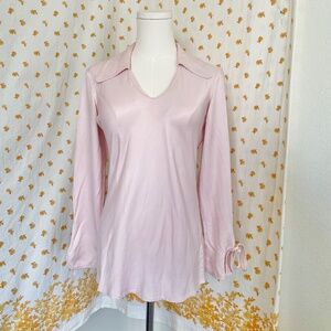 Vintage 90s Express Pink Collared Blouse Made in USA Retro V Neck Top